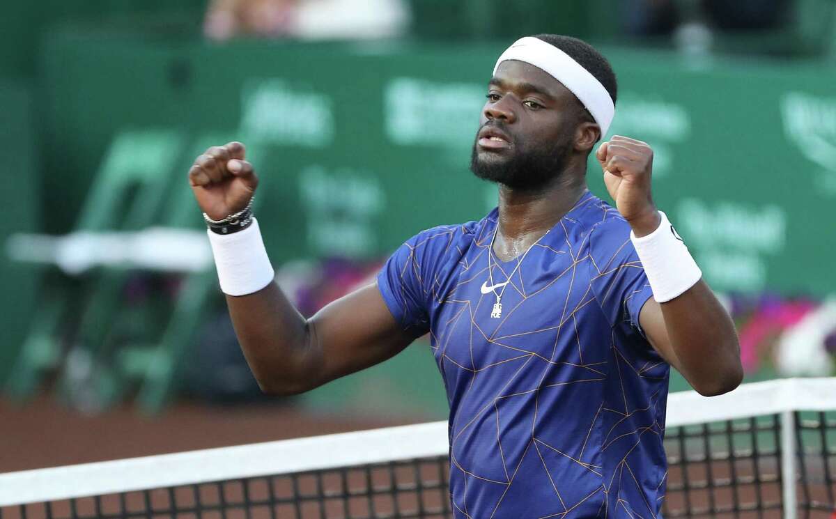 France Tiafoe, USA, reacts to defeating Pablo Cuevas, URU in the second round of the Fayez Sarofim & Co. U.S. Men’s Clay Court Championship at River Oaks Country Club in Houston on Thursday, April 7, 2022. Tiafoe won in a 3rd set tie breaker.