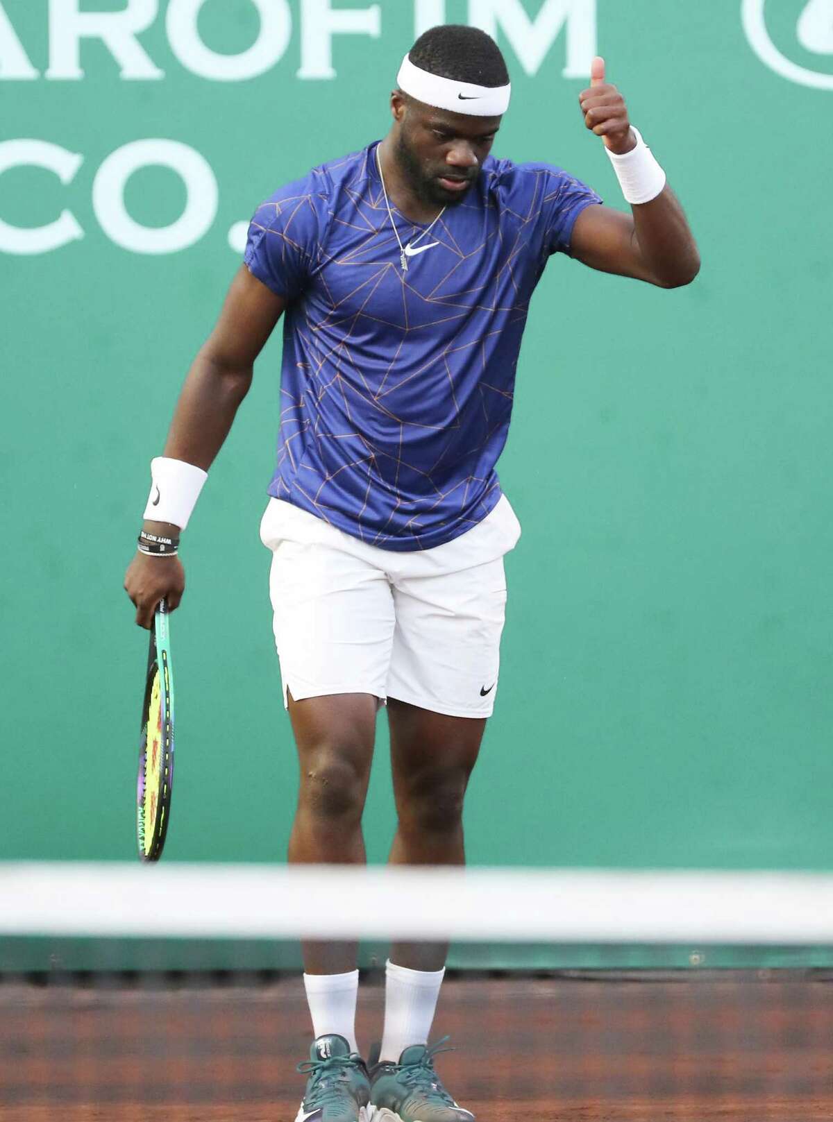 France Tiafoe, USA, reacts to a point by Pablo Cuevas, URU during the second round of the Fayez Sarofim & Co. U.S. Men’s Clay Court Championship at River Oaks Country Club in Houston on Thursday, April 7, 2022. Tiafoe won in a 3rd set tie breaker.