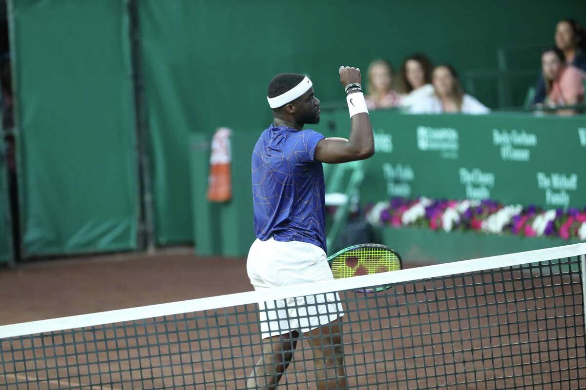 France Tiafoe, USA, reacts to winning the second round against Pablo Cuevas, URU, in the Fayez Sarofim & Co. U.S. Men’s Clay Court Championship at River Oaks Country Club in Houston on Thursday, April 7, 2022. Tiafoe won in a 3rd set tie breaker.