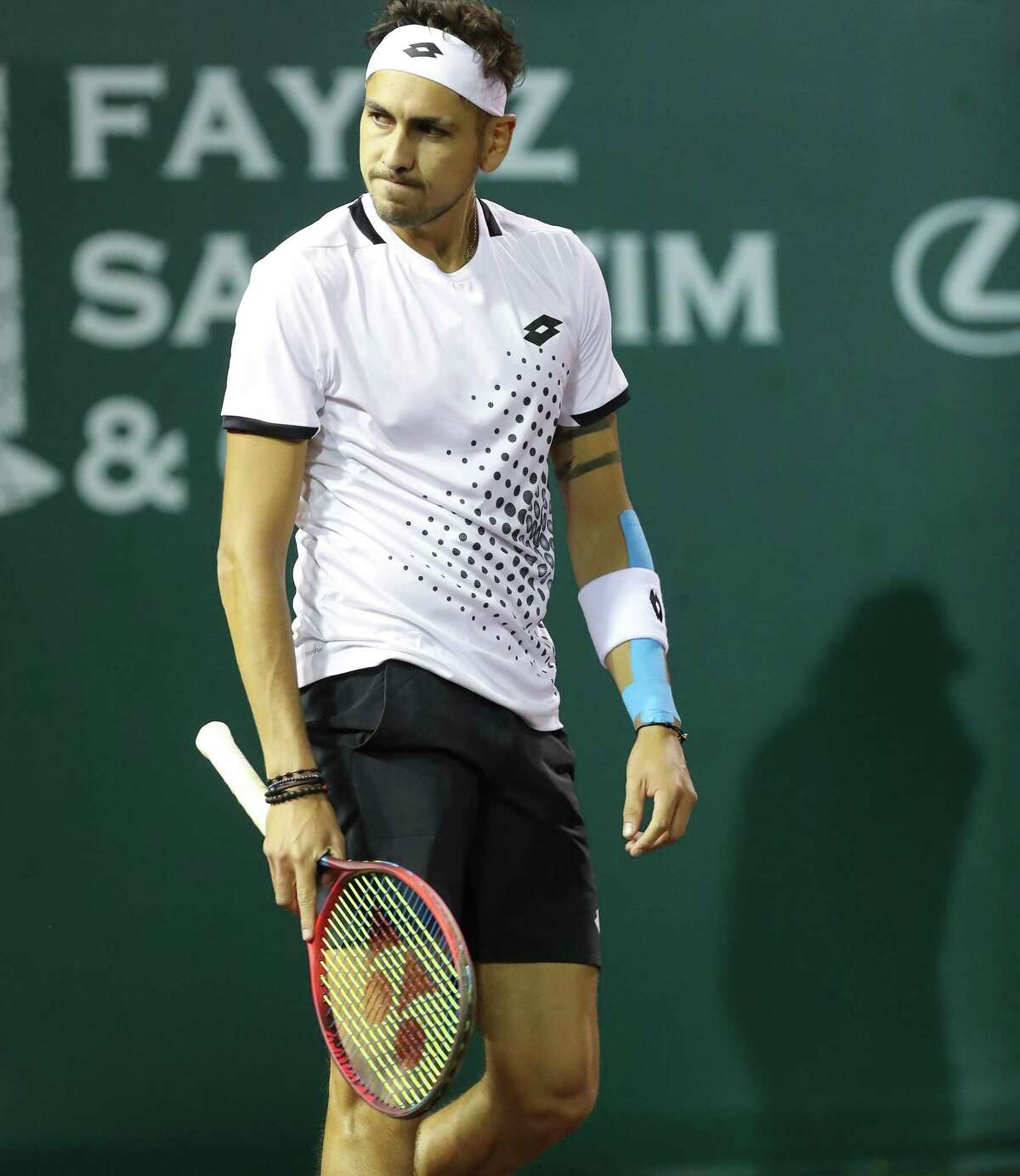 Alejandro Tabilo, CHI, reacts to losing a point against Taylor Fritz, USA, during the second round of the Fayez Sarofim & Co. U.S. Men’s Clay Court Championship at River Oaks Country Club in Houston on Thursday, April 7, 2022. Fritz won the match 6-1, 6-4.
