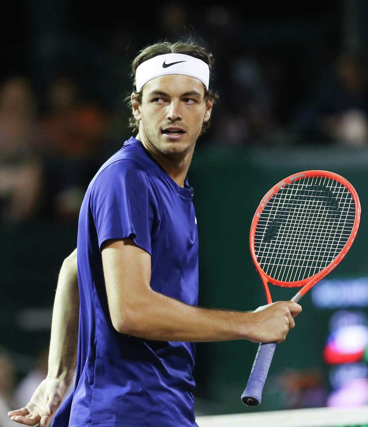 Taylor Fritz, USA, takes on Alejandro Tabilo, CHI, during the second round of the Fayez Sarofim & Co. U.S. Men’s Clay Court Championship at River Oaks Country Club in Houston on Thursday, April 7, 2022. Fritz won the match 6-1, 6-4.