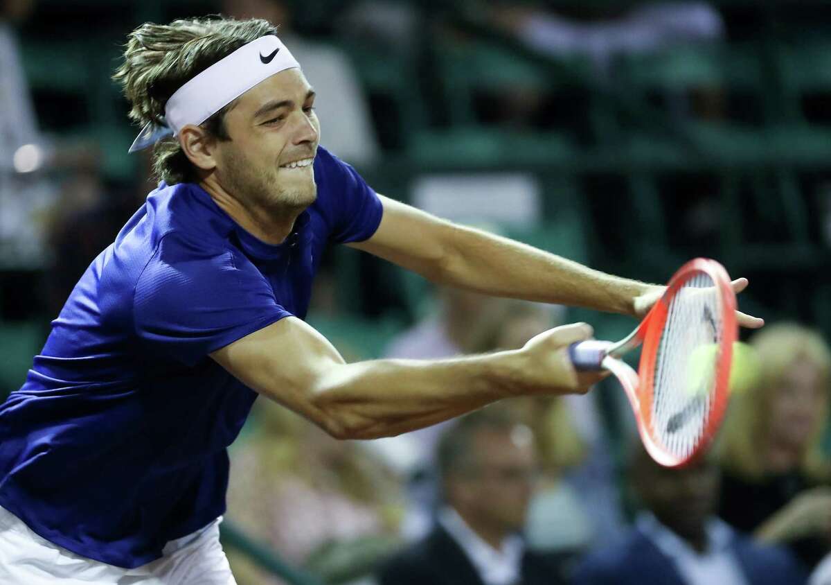 Taylor Fritz, USA, returns a hit from Alejandro Tabilo, CHI, during the second round of the Fayez Sarofim & Co. U.S. Men’s Clay Court Championship at River Oaks Country Club in Houston on Thursday, April 7, 2022. Fritz won the match 6-1, 6-4.