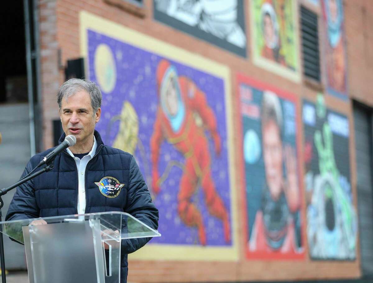Israeli astronaut Eytan Stibbe speaks during a mural unveiling at 1110 Paige Street on Monday, March 7, 2022 in Houston. The mural painted by Israeli-Houstonian artist, Anat Ronen, will be Israel's gift to Houstonians for hosting the training of Israel’s second astronaut, Eytan Stibbe, who will take part in the Axiom Space mission that’s sending private astronauts to the International Space Station.