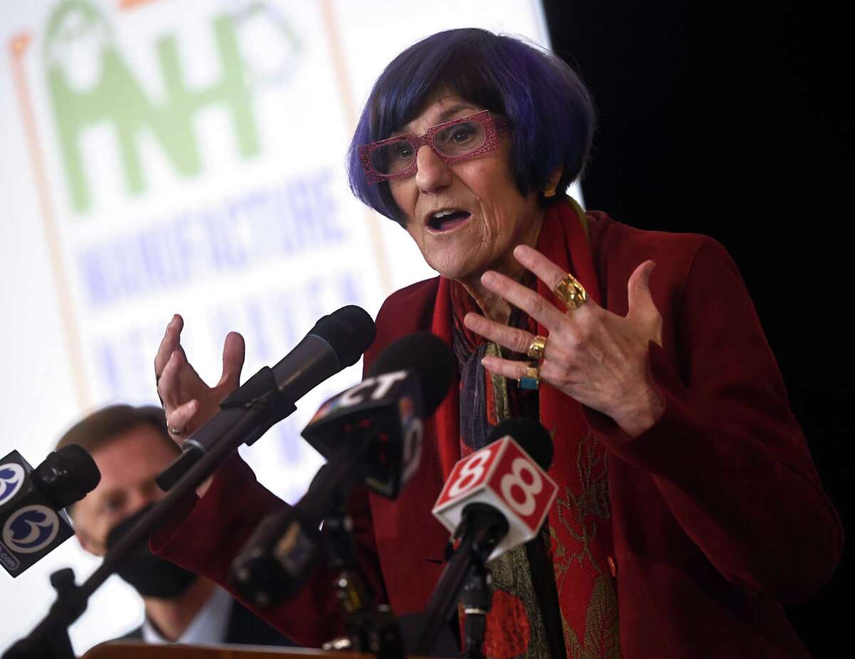 House Appropriations Committee Chair U.S. Rep. Rosa DeLauro speaks at a press conference at the Floyd Little Athletic Center in New Haven on April 4.