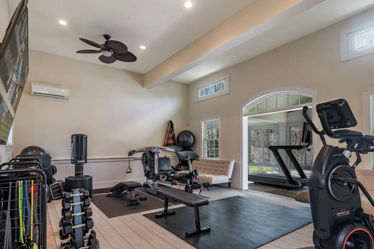 An exercise room in the home on 11 English Drive in Wilton, Conn.