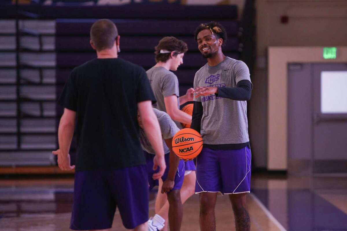 Breyon Jackson, a 6-foot-7-inch junior forward for the San Francisco State men’s basketball team practices with coaches and teammates at Main Gym at Don Nasser Family Plaza in San Francisco , Calif. on Monday, April 4, 2022.