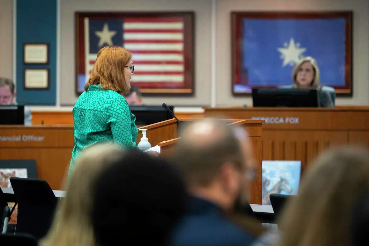 A Katy mom gives her remarks during public comment at a school board meeting in Katy on Monday, Feb. 28, 2022.