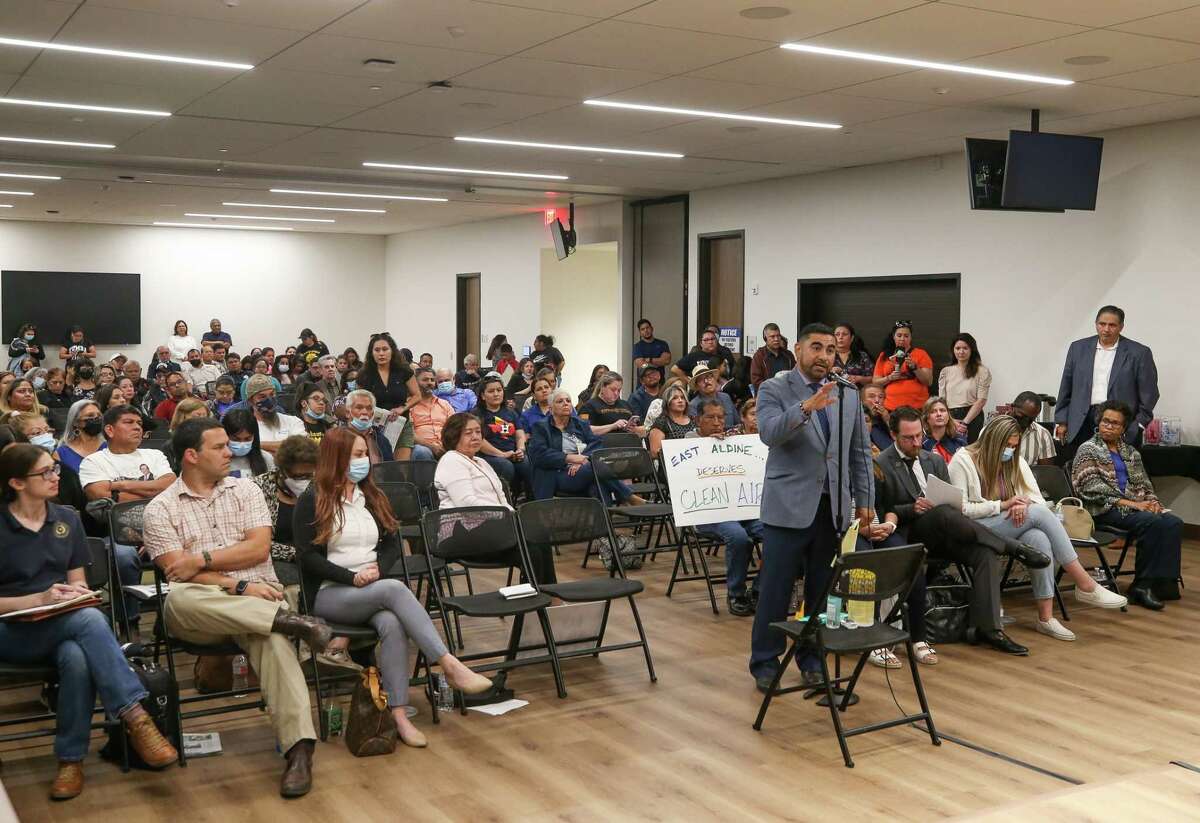 State Rep. Armando Walle voices his opposition to another concrete batch plant being built in Aldine during a public meeting by TCEQ at the East Aldine Management District building on Thursday, April 7, 2022, in Houston.