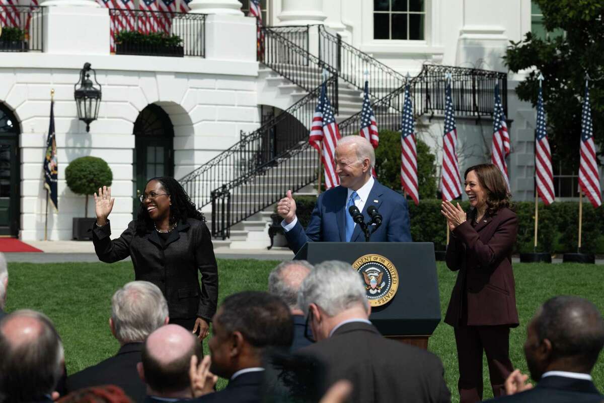 Judge Ketanji Brown Jackson, President Joe Biden and Vice President Kamala Harris celebrate Jackson’s confirmation to the U.S. Supreme Court on the South Lawn at the White House.