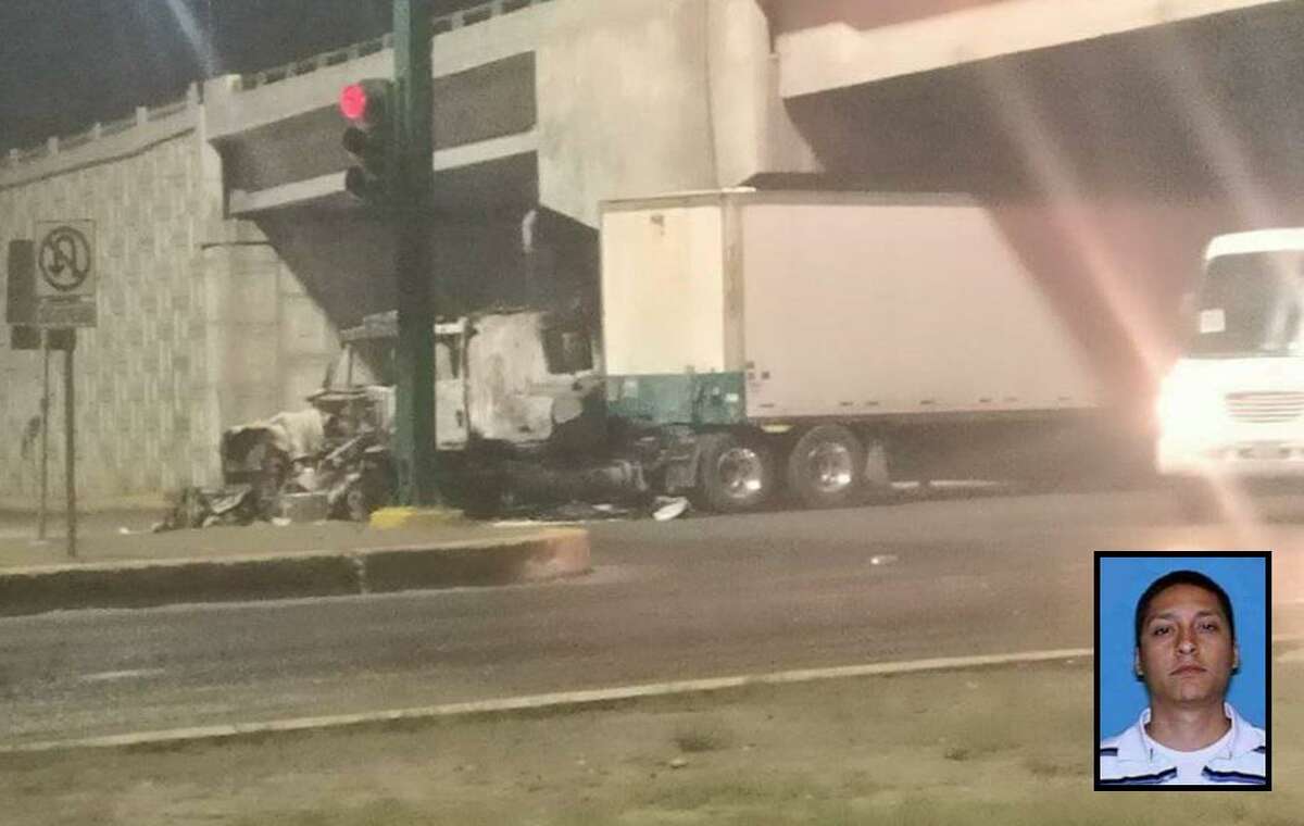 Cartel Del Noreste leader Juan Gerardo Trevi?o Chavez, also known as ?El Huevo,? was arrested in Nuevo Laredo, Mexican federal officials announced Monday, March 14, 2022. In response, cartel members allegedly burned trucks for blockades and fired weapons in the city in the early hours of Monday morning. Pictured is a destroyed tractor-trailer.