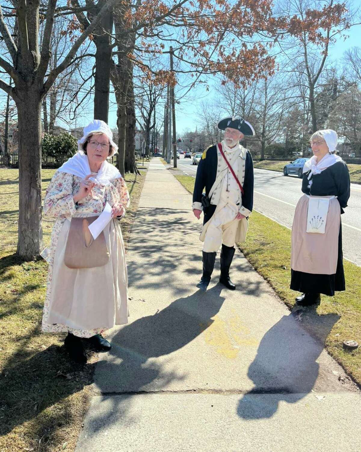 Members from Jesse Lee Memorial United Methodist Church are rehearsing for the Battle of Ridgefield reenactment, part of the town's weekend-long commemoration of the 245th anniversary. Pictured, B.G. Brown, left, portrays Mary Smith, the tavern keeper’s wife.