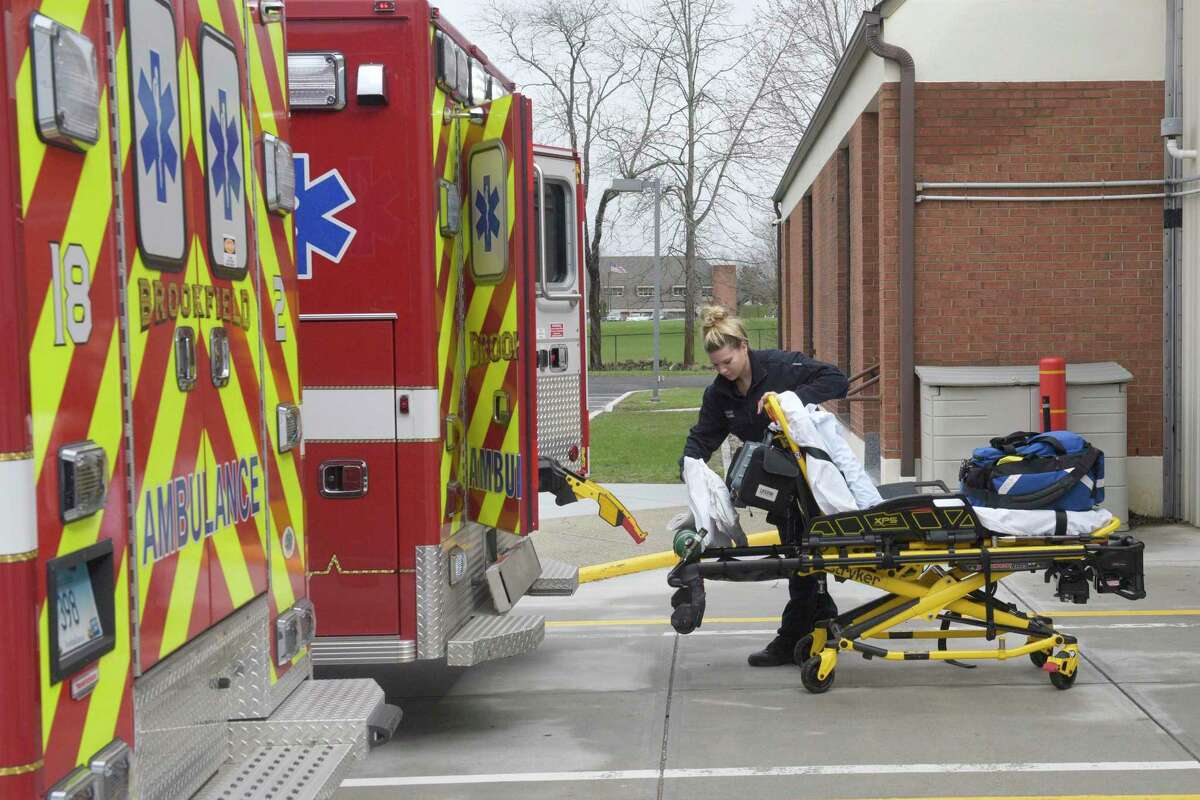 Paramedic Paulina Smaga returns to the Brookfield Fire Department HQ after responding to a traffic accident call on Friday morning. The department saw a roughly 30% increase in fire and EMS calls in 2021 and is tracking a similar increase in the first quarter 2022. Friday, April 9, 2022, Brookfield, Conn.