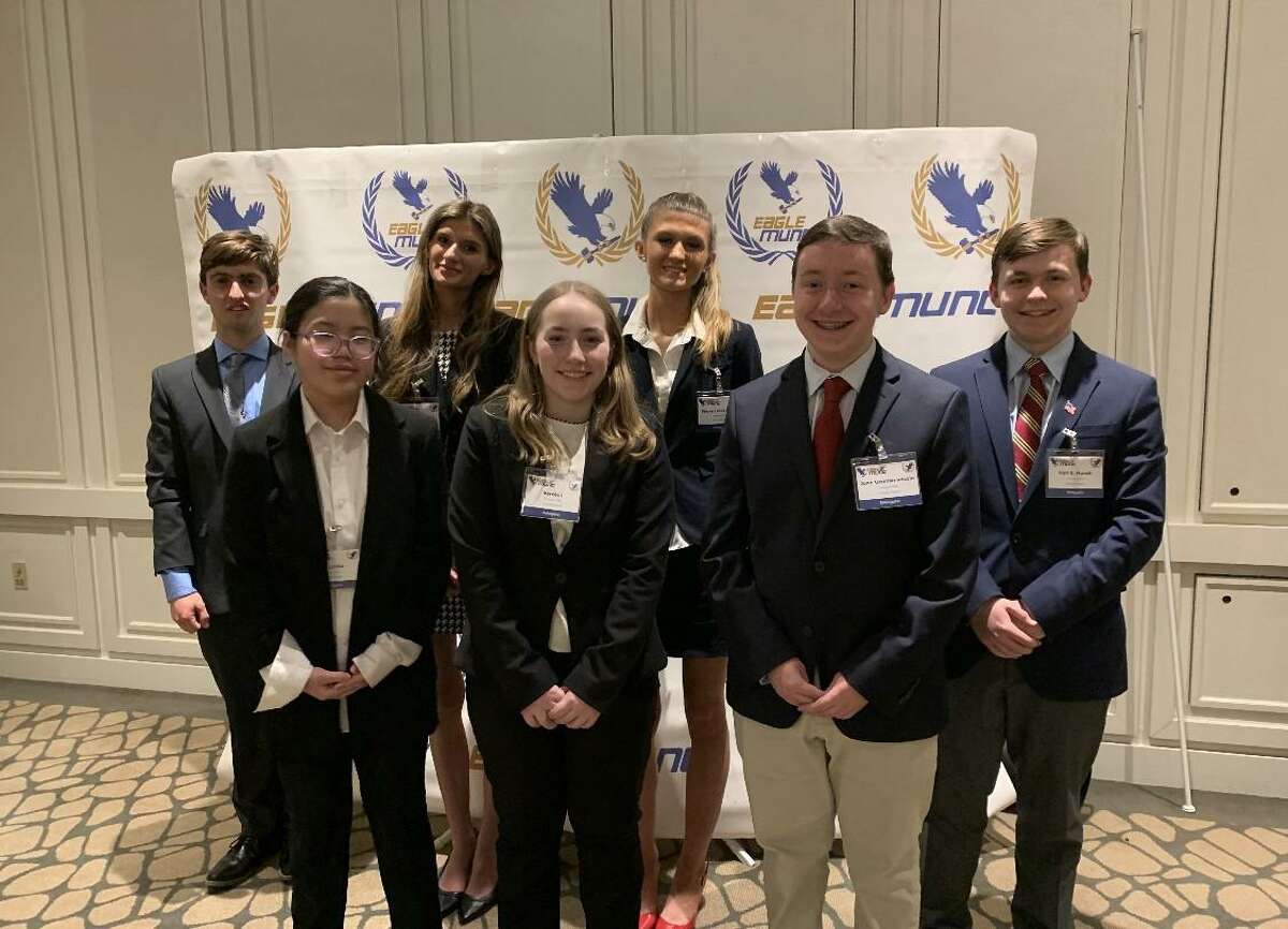 Seven delegates from the Immaculate High School in Danbury, recently participated in the three day EagleMUNC X Model UN conference in Boston, from April 1 through April 3, with the theme: Overcoming adversity through innovation. Pictured in the photo, in the front row, from the left to the right, are: Ava Heineken, Julia Babcock, and Charlie Doran. Pictured in the back row, from the left to the right, are: Jesse Hanniger, Chloe Bellone, Allie Bellone, and William Doran.