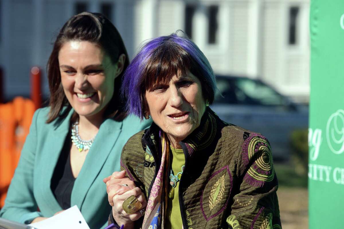 U.S. Rep. Rosa DeLauro speaks during a news conference at Sterling House Community Center, in Stratford, Conn. April 8, 2022. Seen here with Sterling House Executive Director Amanda Meeson, DeLauro came to Stratford to announce securing $1.5 million in Community Project Funding to support Sterling House facility improvements.