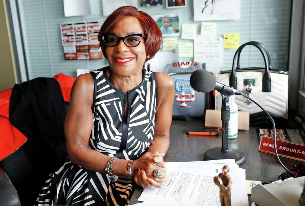 Giants public address announcer Renel Brooks-Moon in her workplace at Oracle Park during a game in August 2019.