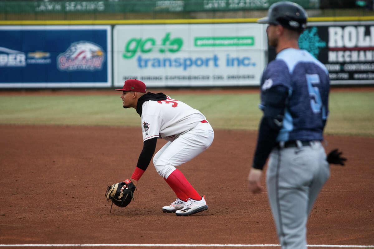 Great Lakes Loons first baseman Imanol Vargas plays in the season opener against the West Michigan Whitecaps Friday, April 8, 2022 at Dow Diamond.