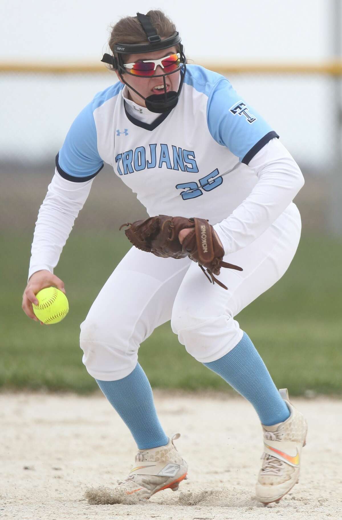 Triopia's Addison Rohn looks to first after fielding a ground ball on Thursday.