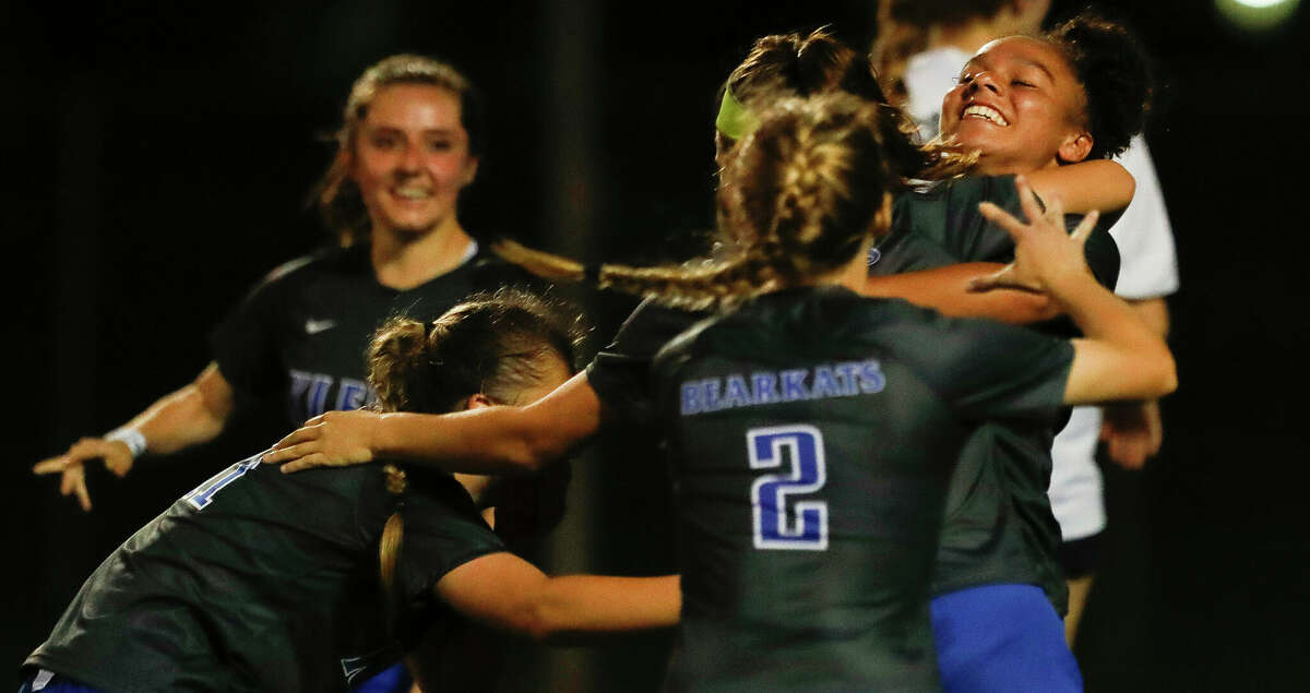 Klein's Tiana Thompson (10) celebrates after scoring the first of two goal in the second period of a Region II-6A area high school playoff soccer match, Tuesday, March 29, 2022, in Spring.