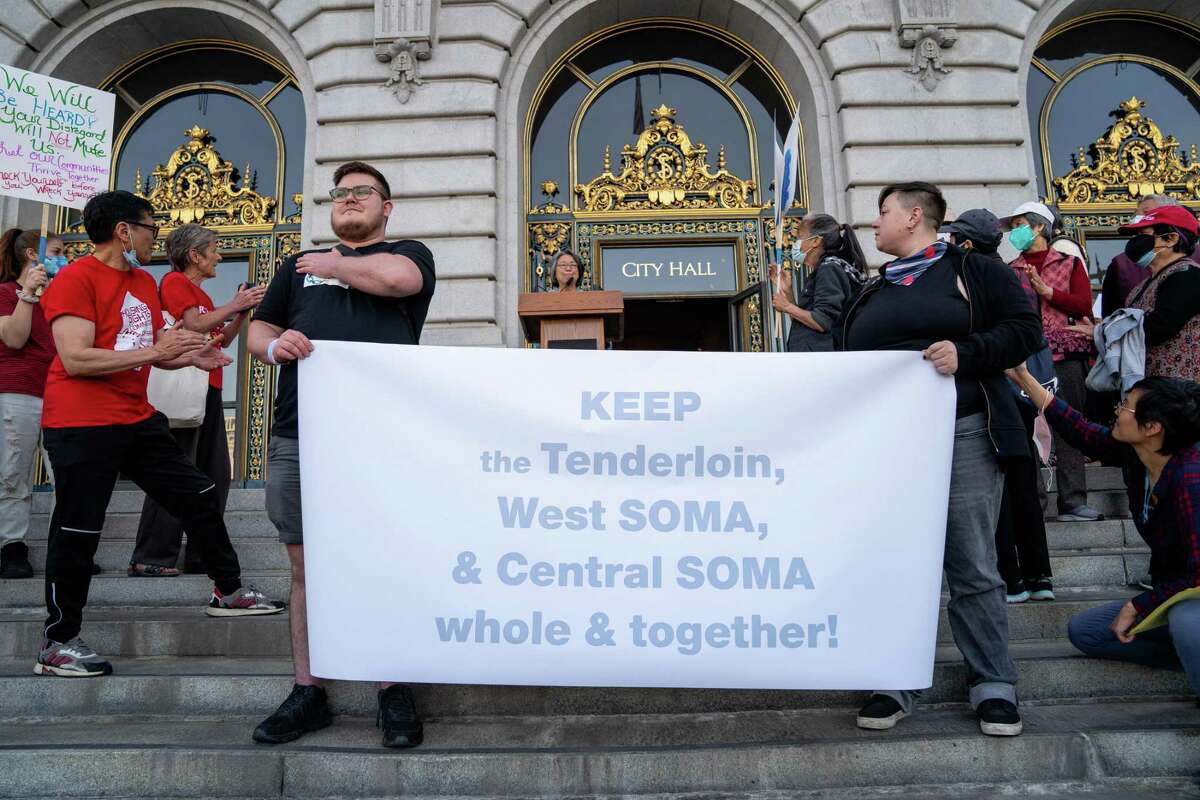 Protesters gather in front of City Hall in San Francisco, California, in hopes of stopping the redistricting of their communities on April 6, 2022.