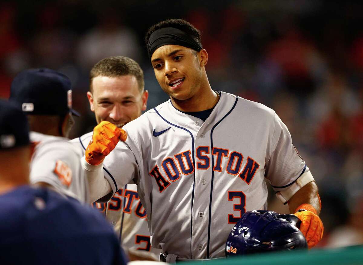 Jeremy Pena #3 of the Houston Astros celebrates his first MLB home run against the Los Angeles Angels in the seventh inning at Angel Stadium of Anaheim on April 8, 2022 in Anaheim, California.