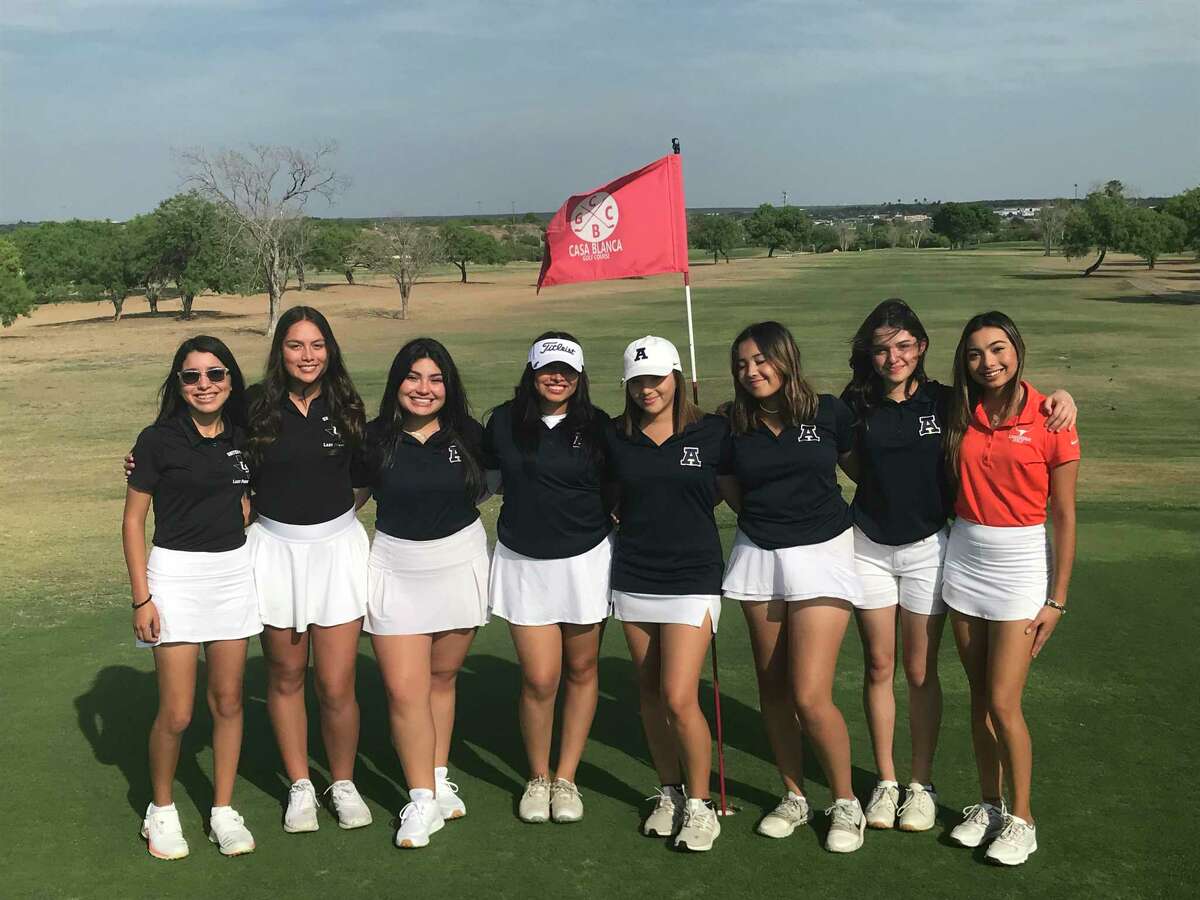 All of the regional qualifiers from United ISD in the District 30-6A Tournament. Anica Cantu (second from left) and Tania Gonzalez (right) played a playoff for the second individual berth into the regional tournament with Gonzalez coming away with the win. Pictured here (from left) United South’s Leslie Rodriguez, Cantu, Alexander’s Zaida Gonzalez, Fabiola Gutierrez, Stephanie Grajeda, Angelina Dorne and Amber Medina, and Gonzalez.