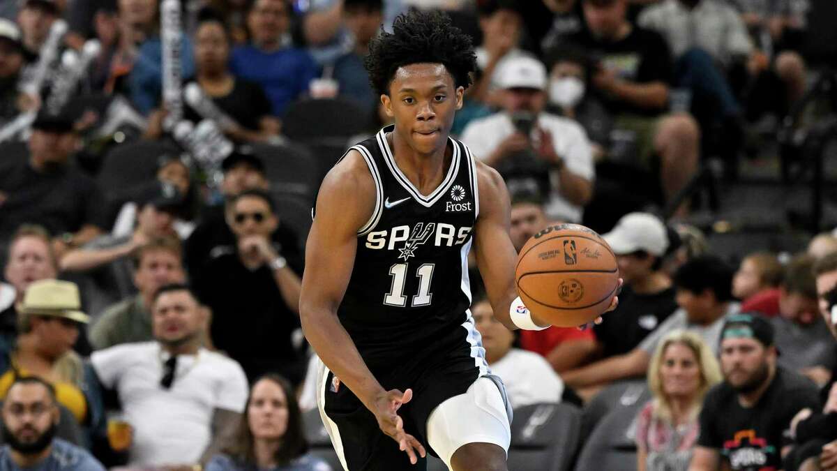 The San Antonio Spurs' Josh Primo runs up the court during the second half of a game against the Portland Trail Blazers on Sunday, April 3, 2022, in San Antonio. 