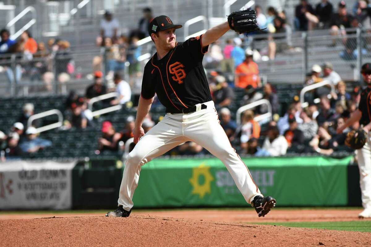 John Brebbia of the San Francisco Giants during a game vs the San Diego Padres on Tuesday March 29, 2022 at Scottsdale Stadium in Scottsdale, AZ.