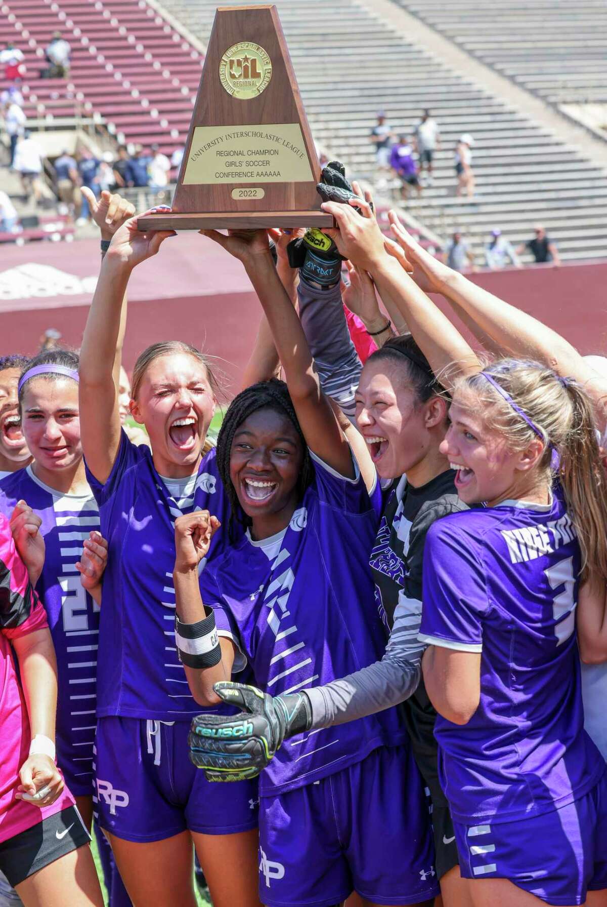Ridge Point Panthers Lauren Walker (13) and teammates celebrate after they defeated the Stratford Spartans in double overtime in a Region III-6A girls finals playoff soccer game on April 9, 2022 at Abshire Stadium in Deer Park, TX. Ridge Point Panthers won 2 to 0 in double overtime.