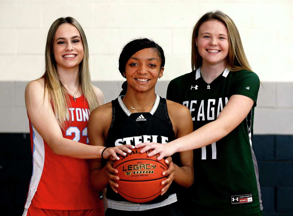 The three Express-News girls Player of the Year finalists are Antonian’s Carleigh Wenzel, from left, Steele’s Sidney Love and Reagan’s Samantha Wagner.