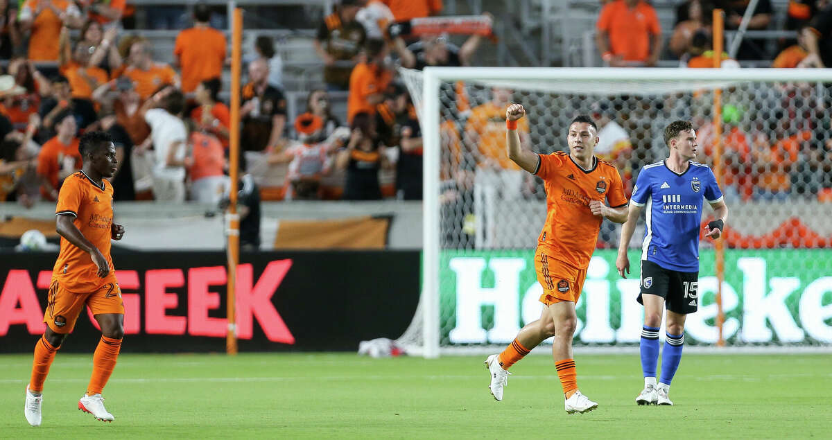 Houston Dynamo FC forward Sebastian Ferreira (9) celebrates after scoring a goal against the San Jose Earthquakes during the first half of an MLS match at PNC Stadium on Saturday, April 9, 2022, in Houston.