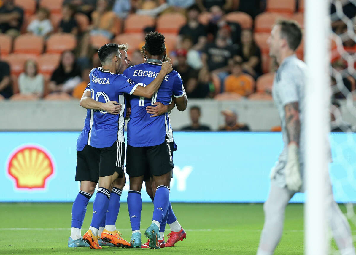 San Jose Earthquakes forward Jeremy Ebobisse (11) celebrates with teammates after scoring a goal against the Houston Dynamo FC during the first half of an MLS match at PNC Stadium on Saturday, April 9, 2022, in Houston.