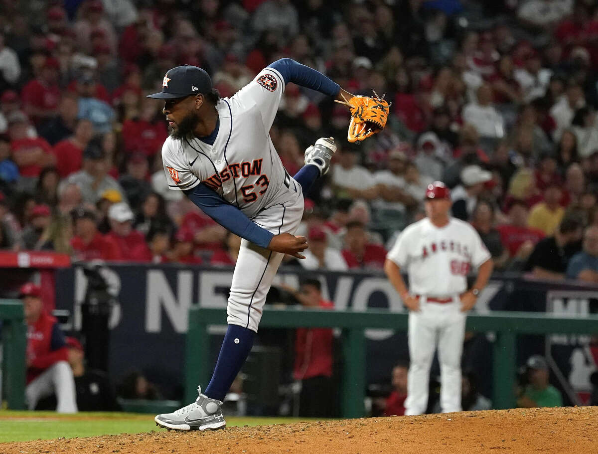 Houston Astros relief pitcher Cristian Javier (53) pitches during the seventh inning of an MLB baseball game at Angel Stadium on Saturday, April 9, 2022 in Anaheim.
