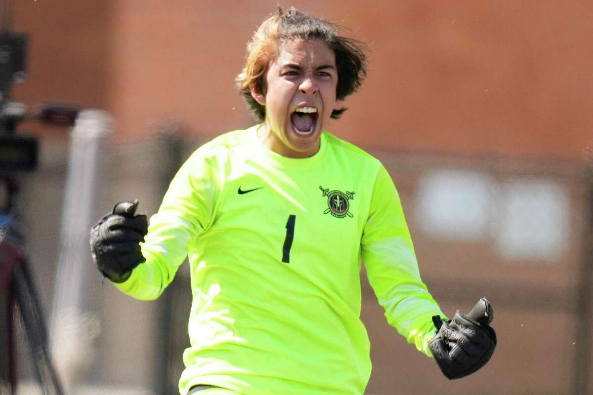 Jordan goalkeeper Elijah Betancourt reacts after making a save during the Region III-5A final high school soccer playoff game against Friendswood, Saturday, April 9, 2022, in Humble, TX.
