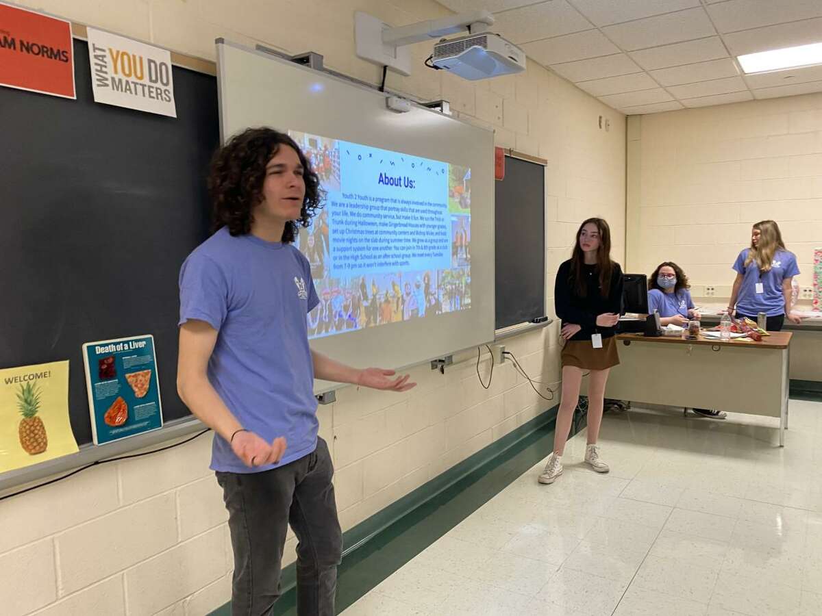 Shelton High School students Danny Connelly and Sara Taylor, part of the Shelton Youth Service Bureau's Youth2Youth Peer Advocate team, talk about mental health with a class at Shelton Intermediate School Thursday, April 7, 2022.