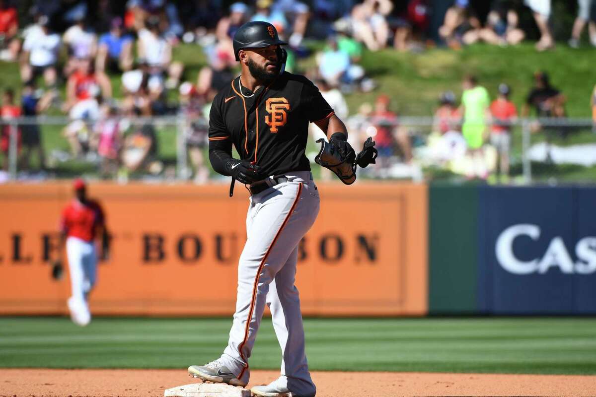 Heliot Ramos of the San Francisco Giants during a game vs the Los Angeles Angels on Sunday March 27, 2022 at Tempe Diablo Stadium in Tempe, AZ.