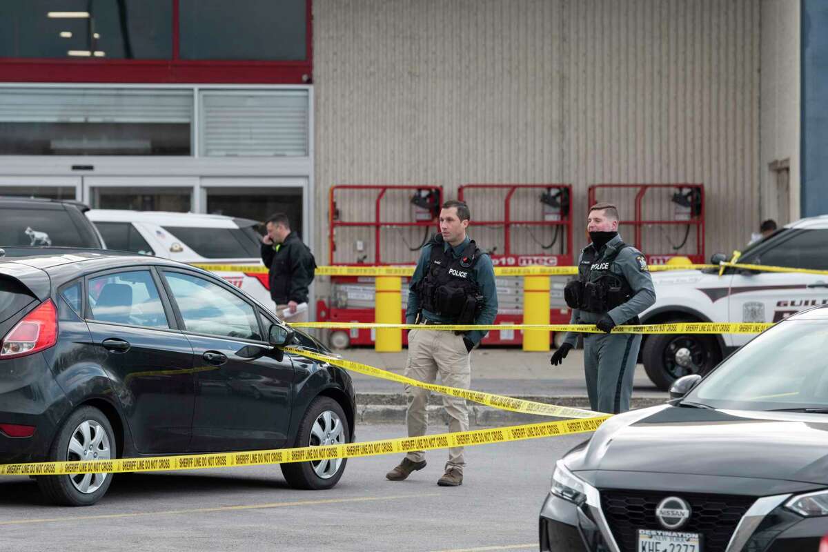 Members of law enforcement are seen outside of Crossgates Mall following a shooting that took place there on Sunday, April 10, 2022, in Guilderland, N.Y. (Paul Buckowski/Times Union)