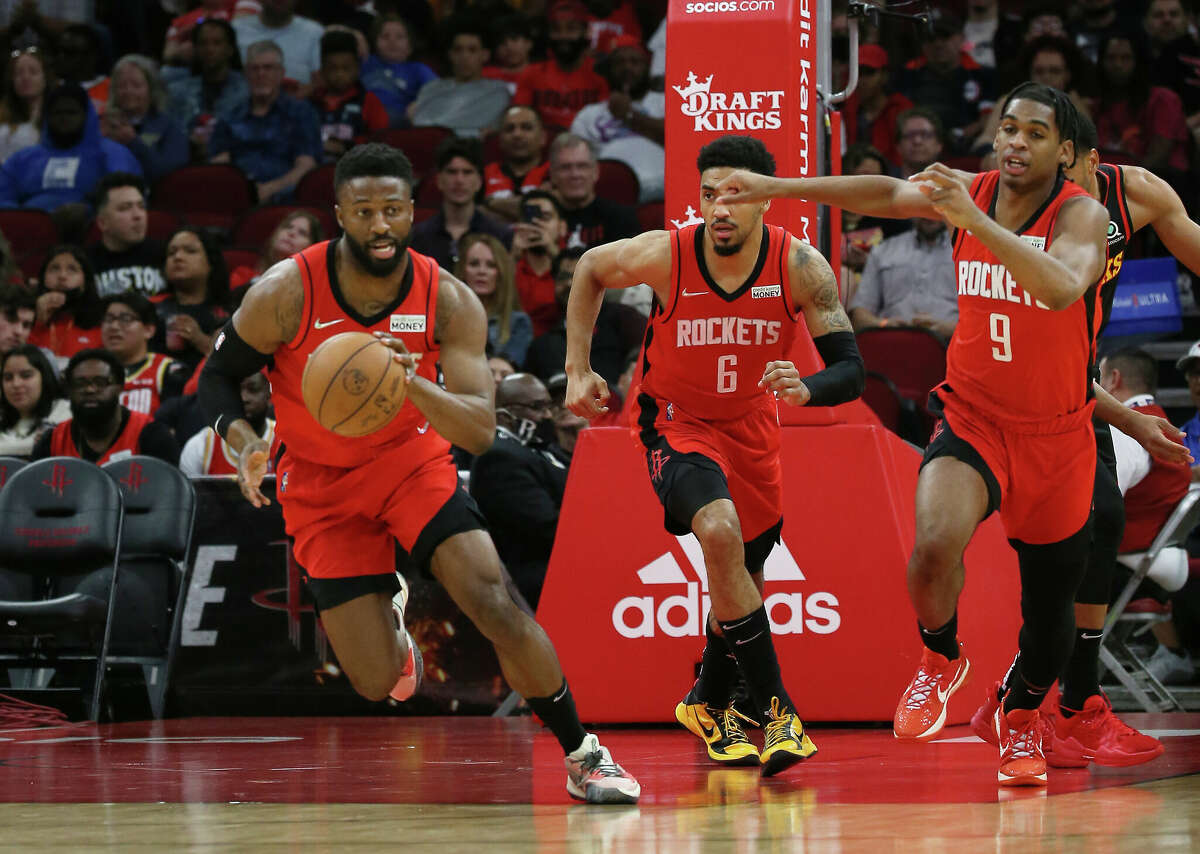 Houston Rockets forward David Nwaba (2) leads a fast break during the first half of an NBA basketball game at Toyota Center on Sunday, April 10, 2022, in Houston.