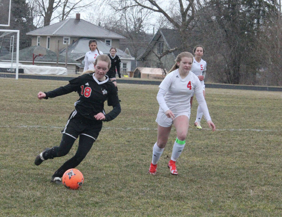 Reed City's Paige Lofquist takes the ball downfield against Hart on Thursday