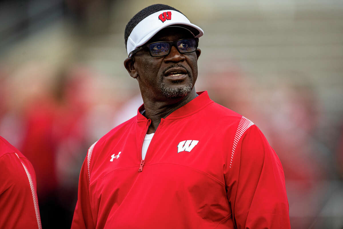 Wisconsin Badgers runnning backs coach Gary Brown looks into the crowd durning warmups prior to a college football game between the Michigan Wolverines and the Wisconsin Badgers on Oct. 2, 2021 at Camp Randall Stadium in Madison, WI. (Photo by Dan Sanger/Icon Sportswire via Getty Images)