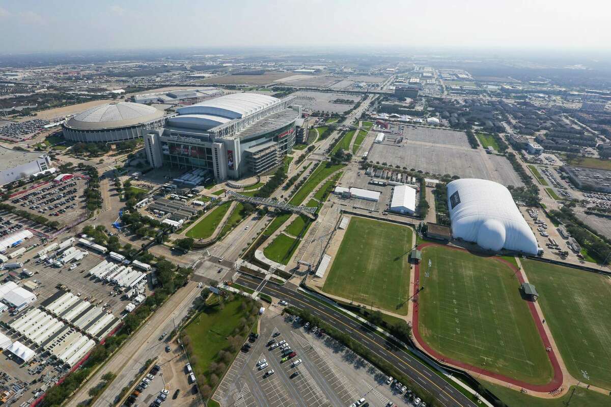 An aerial view of NRG Stadium from a Customs and Border Protection UH-60 Black Hawk helicopter before Super Bowl LI Thursday, Feb. 2, 2017 in Houston.