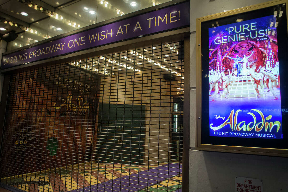 "Aladdin" Broadway musical marquee just after it was closed for the COVID-19 pandemic on March 25, 2020 in New York City. (Photo by Bill Tompkins/Getty Images)