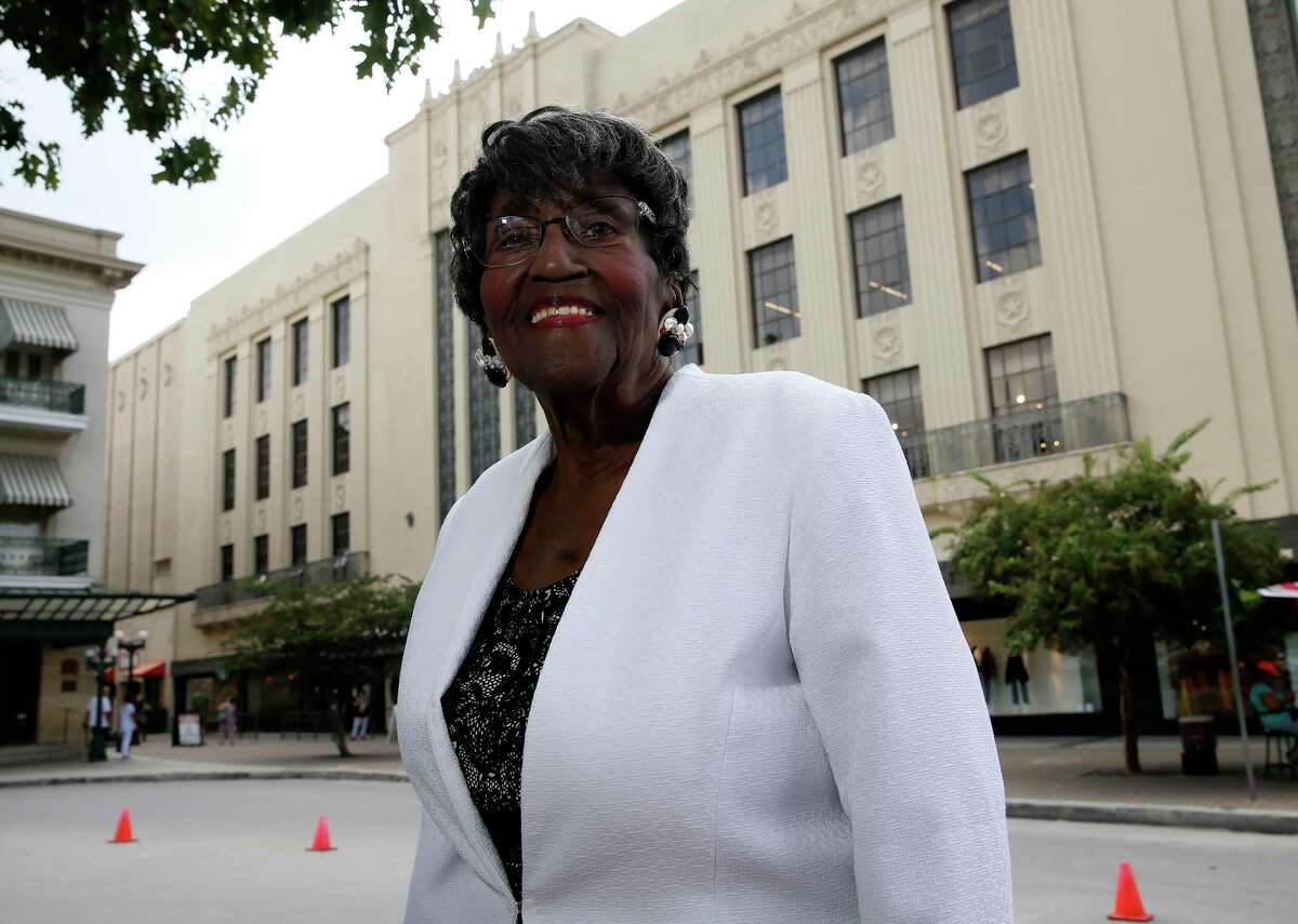 Longtime educator Dorothy Price Collins, 89, at the Joske's Building in 2021, where she had helped desegregate the department store’s Camillia Room in 1960.
