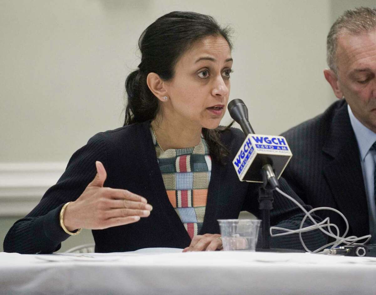 FILE PHOTO: Dita Bhargava addresses the gathering at the Second Congregational Church in Greenwich for a discussion on the opioid crisis. Friday, April 26, 2019