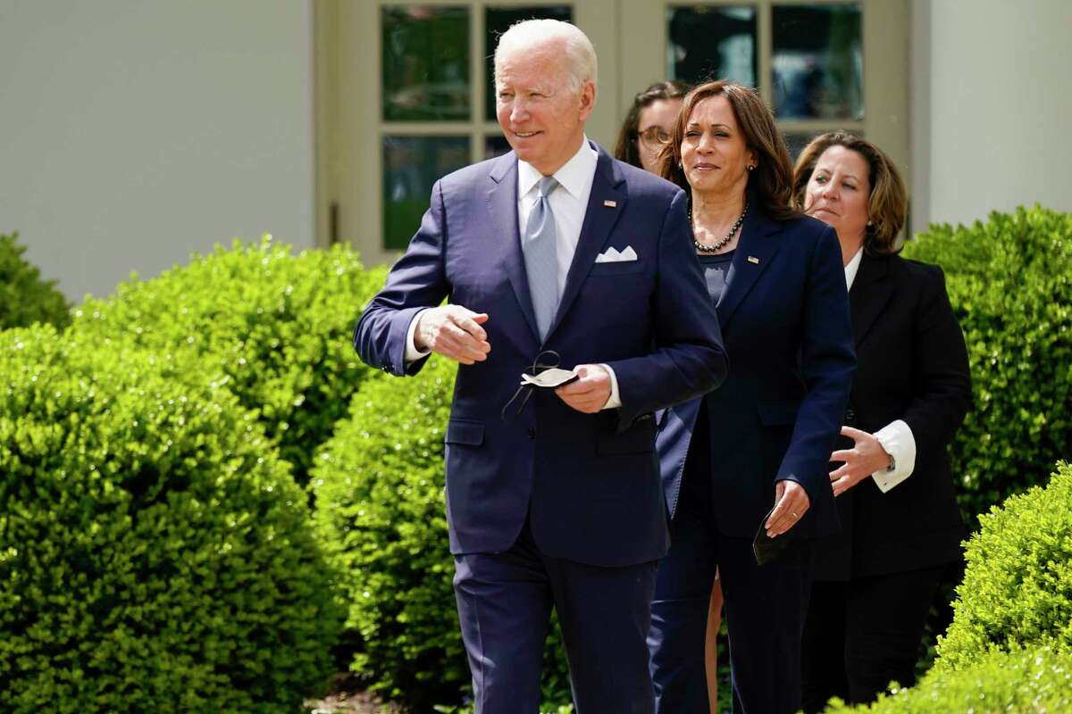 President Joe Biden, Vice President Kamala Harris, Deputy Attorney General Lisa Monaco and Mia Tretta arrive to speak in the Rose Garden of the White House in Washington, Monday, April 11, 2022, to announce a final version of the administration's ghost gun rule, which comes with the White House and the Justice Department under growing pressure to crack down on gun deaths.
