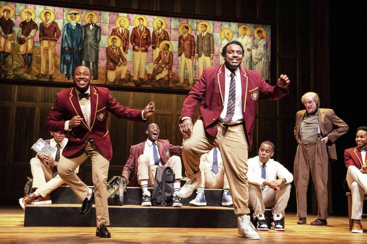 Jarrett Anthony Bennett and Anthony Holiday are shown with cast members of “Choir Boy,” playing at Yale Repertory Theatre in New Haven through April 23.