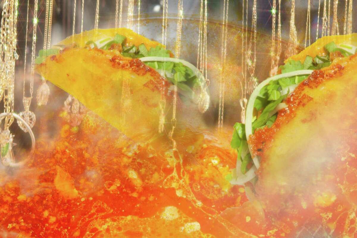 A collage combines images of gold chains at the Antioch Flea Market with tacos from Pho Vy, a Vietnamese restaurant in Oakland that serves quesabirria-inspired tacos.