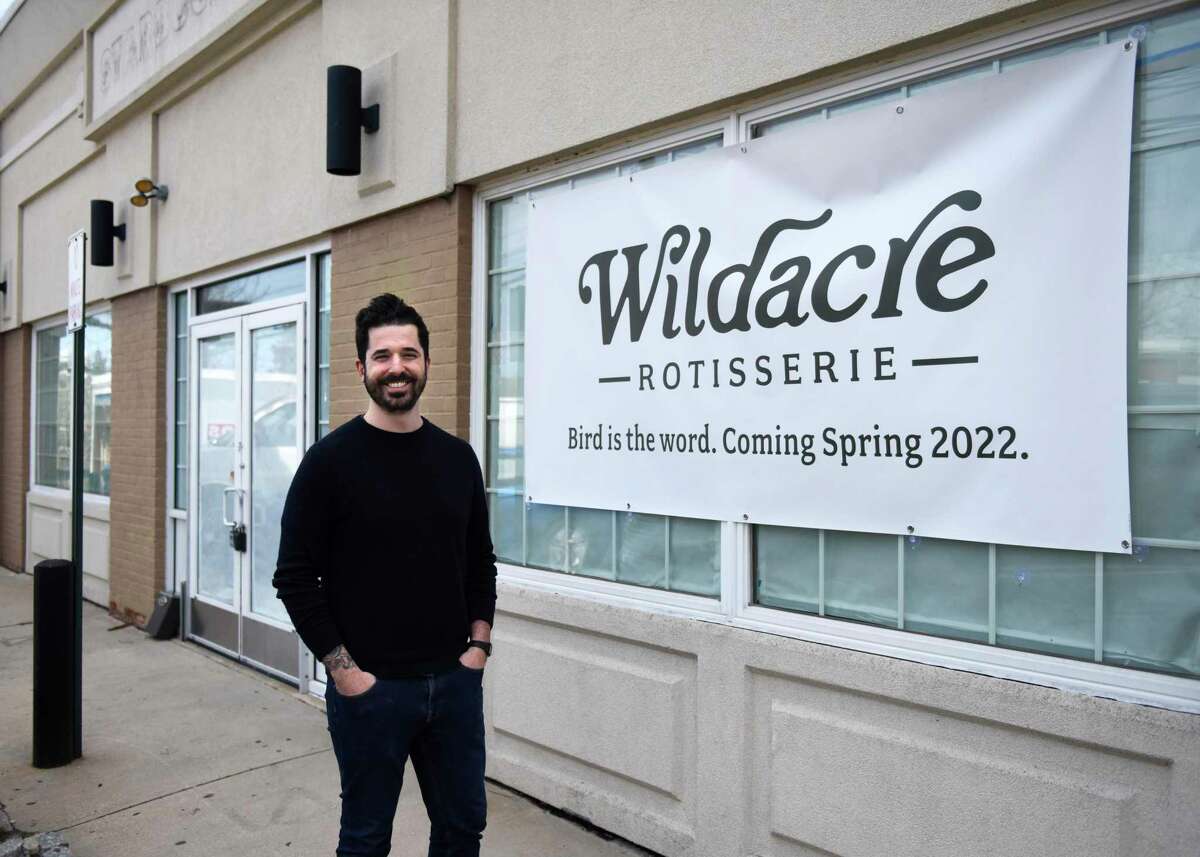 Founder Ben Pote poses outside the future site of Wildacre Rotisserie in the Cos Cob section of Greenwich, Conn. Monday, April 11, 2022. Located at the former Starbucks site at 147 E. Putnam Ave. in Cos Cob, Wildacre Rotisserie will be a California-inspired fast casual restaurant that plans to open late spring 2022.