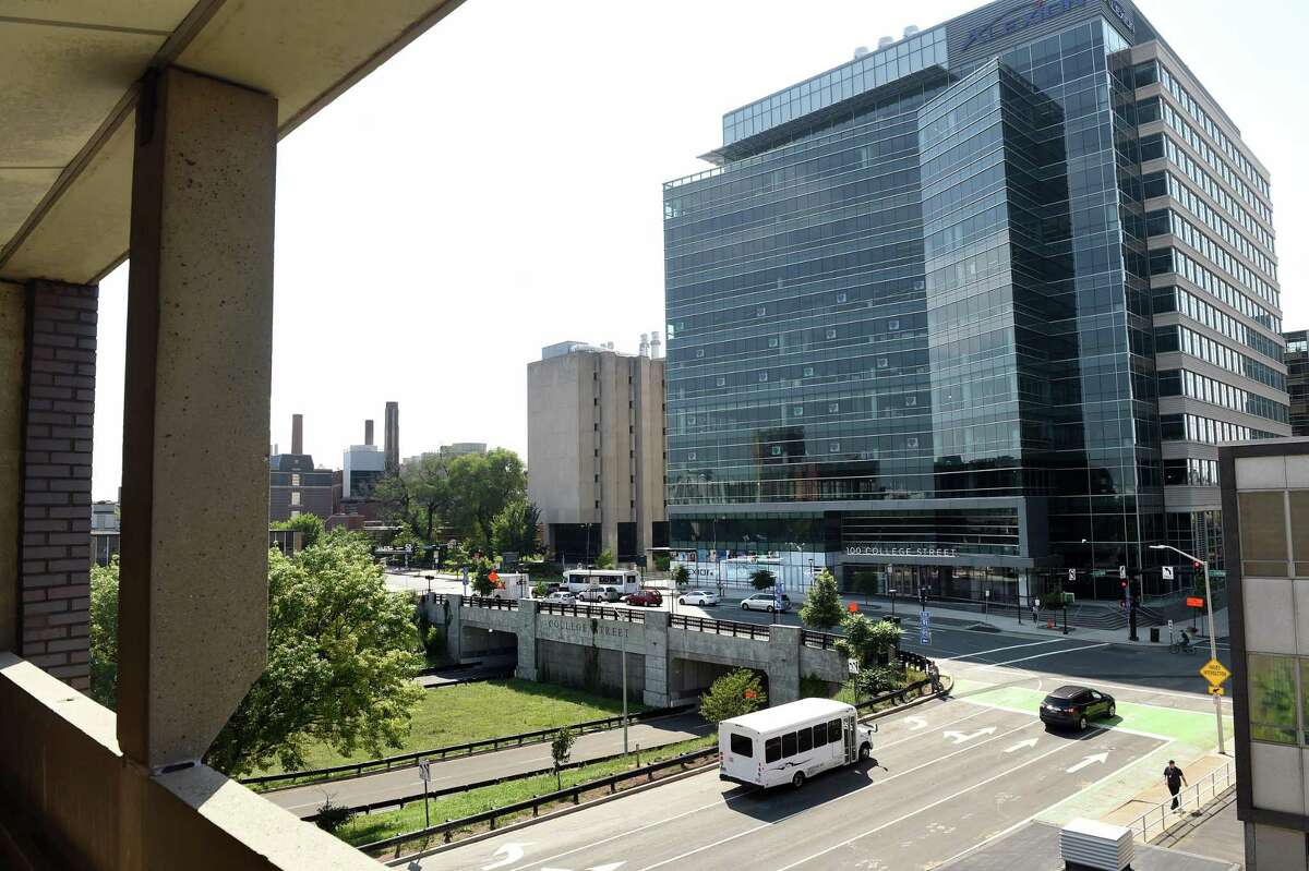 The location of a biotech research building to be built at 101 College Street (left) in New Haven across the street from Alexion Pharmaceuticals (right) on July 22, 2020.