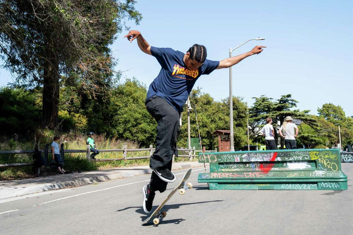 Zion Williams, who was blinded after a shooting, does a trick in San Francisco on April 6.