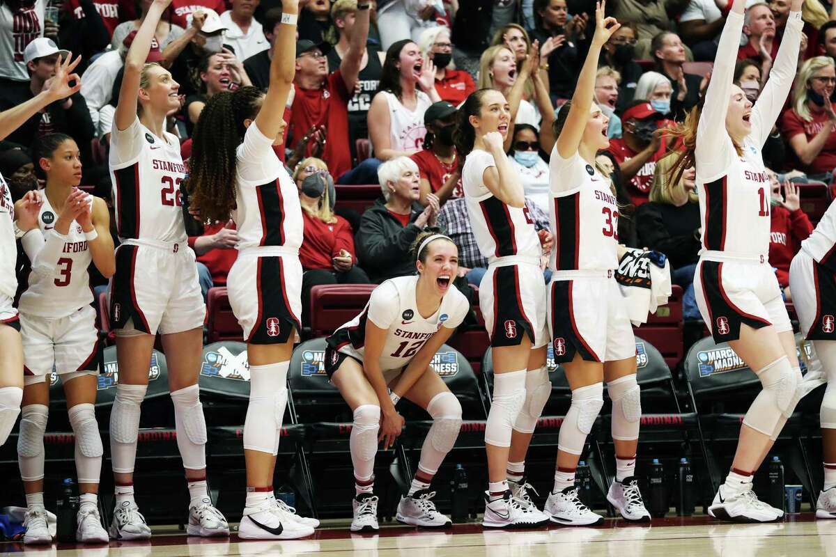 Stanford's Lexie Hull (12) celebrates a 4th quarter 3-pointer during Stanford's 78-37 win over Montana State in NCAA Division I Women's Basketball Championship First Round game at Maples Pavilion in Stanford, Calif., on Friday, March 18, 2022.